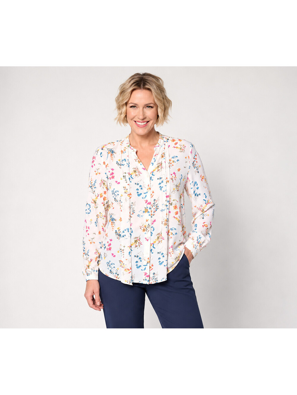 Joan Rivers Pintuck Split V Button-Front Georgette Blouse Ivory, Size 2X